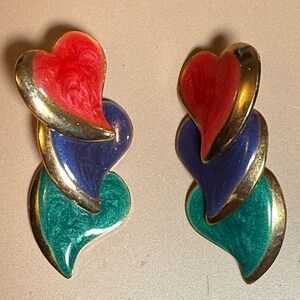 Vintage 80's Enamel Heart Dangle Earrings Gold Tone Red Blue Green Pierced